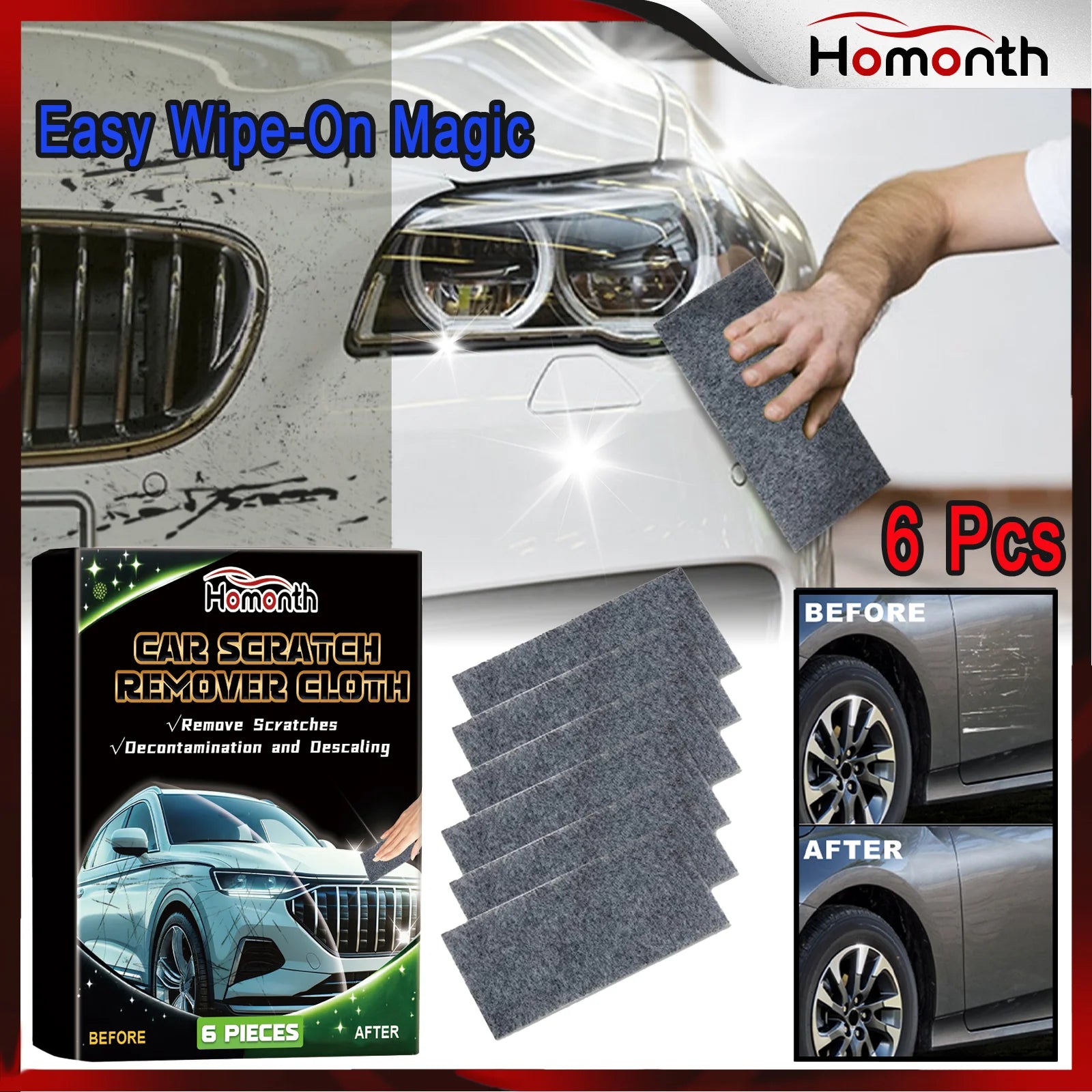 6PCS Nano Scratch Remover Cloth Car Paint Repair Polish Kit for Swirl Marks Light Scratches Removal Restores Shine Auto Care