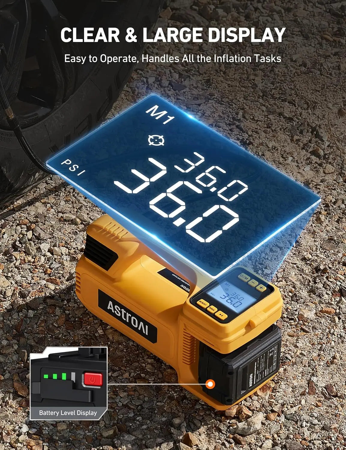 Cordless Tire Inflator Portable Air Compressor, 20V Heavy Duty Rechargeable Air Pump with 4000mAh Battery, 50L/Min Fast Inflation, 150PSI, 4 Memory Modes for Car, SUV, Truck Tires