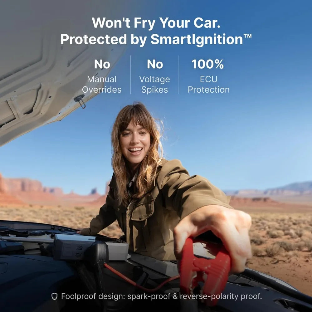 Smart Jump Starter with Air Compressor, TÜV Certified 12V Car Battery Booster, Tire Inflator, 60Wh Power Bank for 10L Gas & 8.5L Diesel