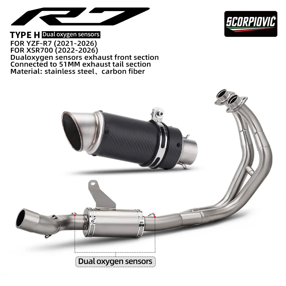 For YZF-R7 XSR700 MT-07 Motorcycle Exhaust Full System Front Pipe With Dual O2 Sensor And Slip-On Tail Muffler Moto Parts