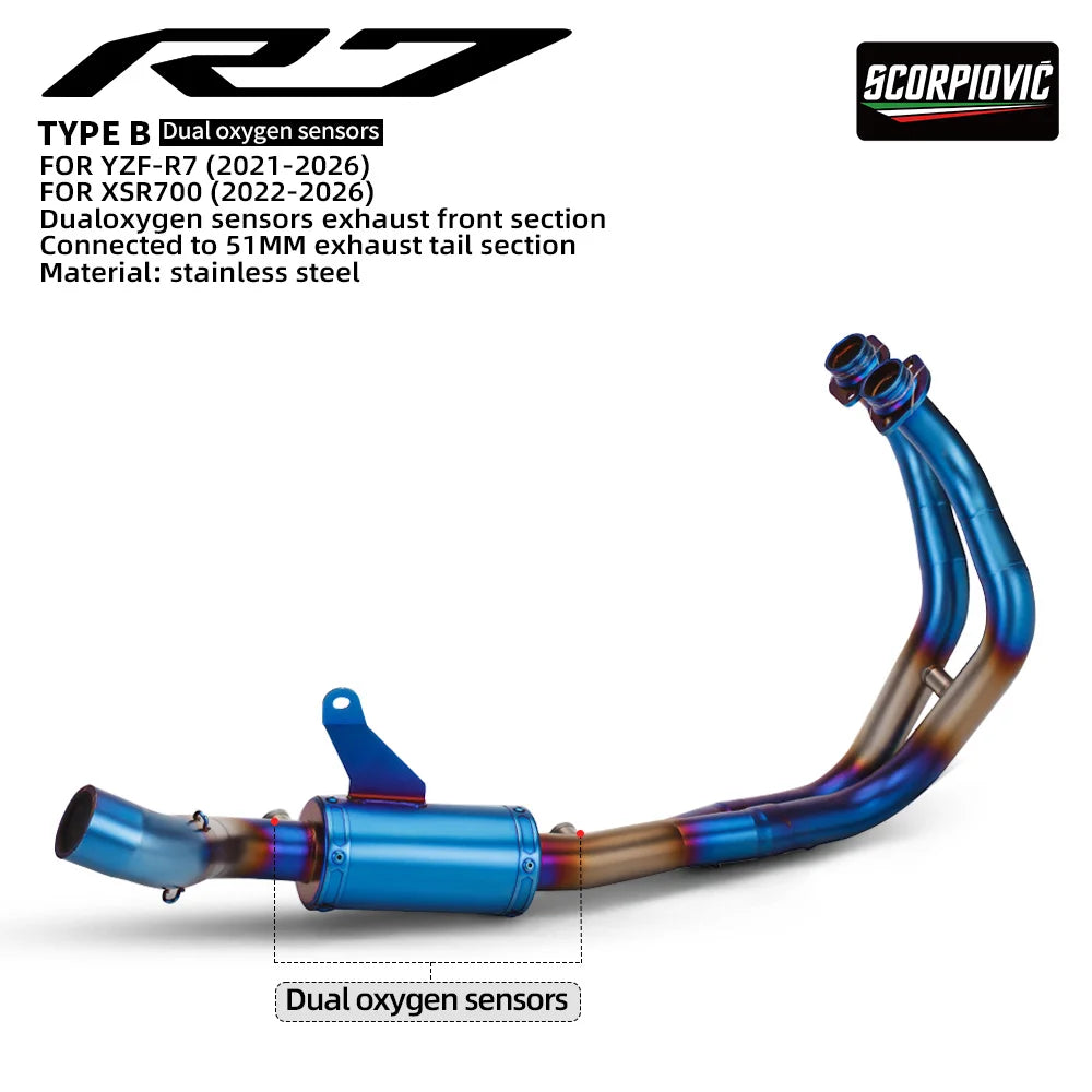 For YZF-R7 XSR700 MT-07 Motorcycle Exhaust Full System Front Pipe With Dual O2 Sensor And Slip-On Tail Muffler Moto Parts