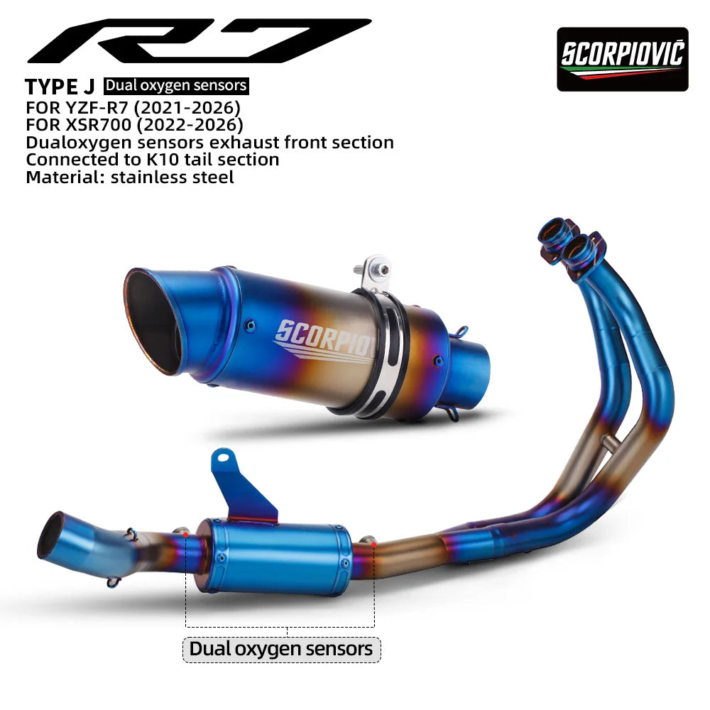 For YZF-R7 XSR700 MT-07 Motorcycle Exhaust Full System Front Pipe With Dual O2 Sensor And Slip-On Tail Muffler Moto Parts