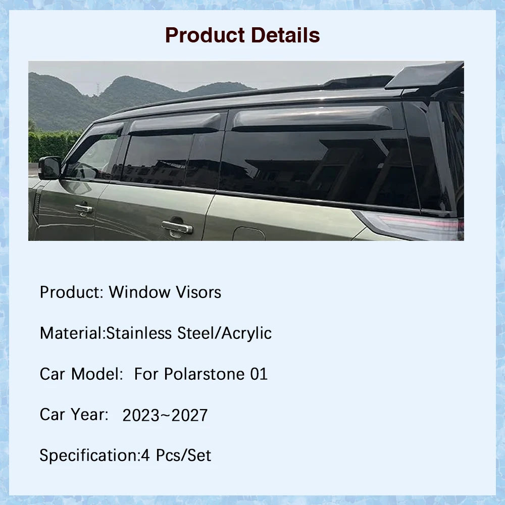 4pcs Car Window Visors For Polar Stone 01 Polarstone 01 ROX 2023 2024 2025 2026 2027 Waterproof Rain Guard Deflector Accessories