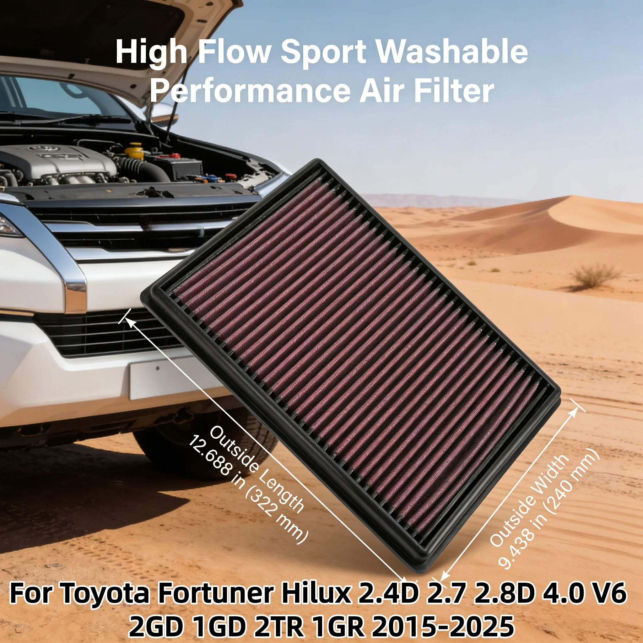 للسيارة تويوتا فورتشنر هايلكس 2.4D 2.7 2.8D 4.0 V6 2GD 1GD 2TR 1GR 2015-2025 نظام سحب هواء عالي التدفق بديل 33-3045