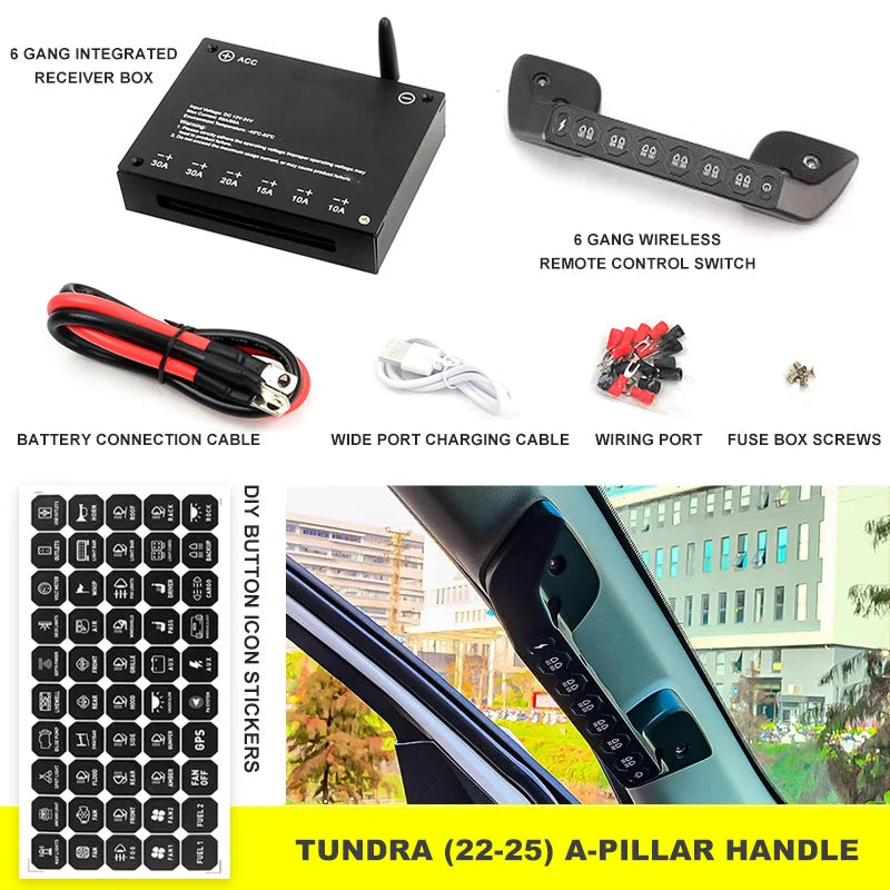 6 Gang A-Pillar Wireless Grab Handle Switch Panel 95A Aluminum for Toyota, HILUX, FJ CRUISER, LAND CRUISER, PRADO, TUNDRA