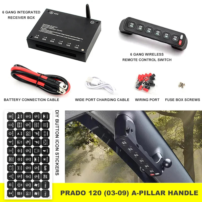 6 Gang A-Pillar Wireless Grab Handle Switch Panel 95A Aluminum for Toyota, HILUX, FJ CRUISER, LAND CRUISER, PRADO, TUNDRA