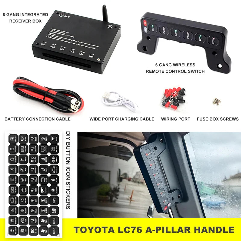 6 Gang A-Pillar Wireless Grab Handle Switch Panel 95A Aluminum for Toyota, HILUX, FJ CRUISER, LAND CRUISER, PRADO, TUNDRA