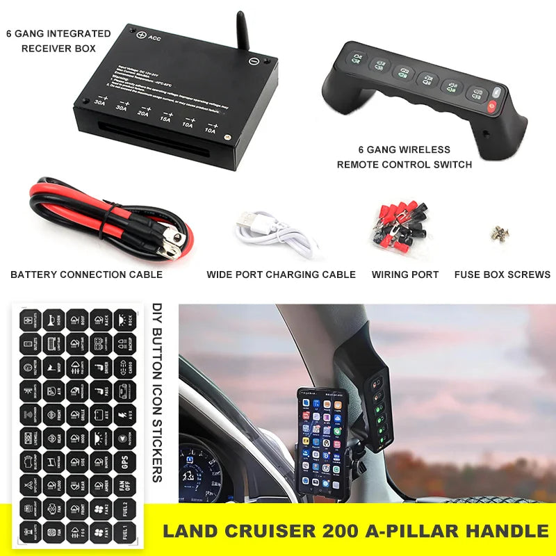 6 Gang A-Pillar Wireless Grab Handle Switch Panel 95A Aluminum for Toyota, HILUX, FJ CRUISER, LAND CRUISER, PRADO, TUNDRA