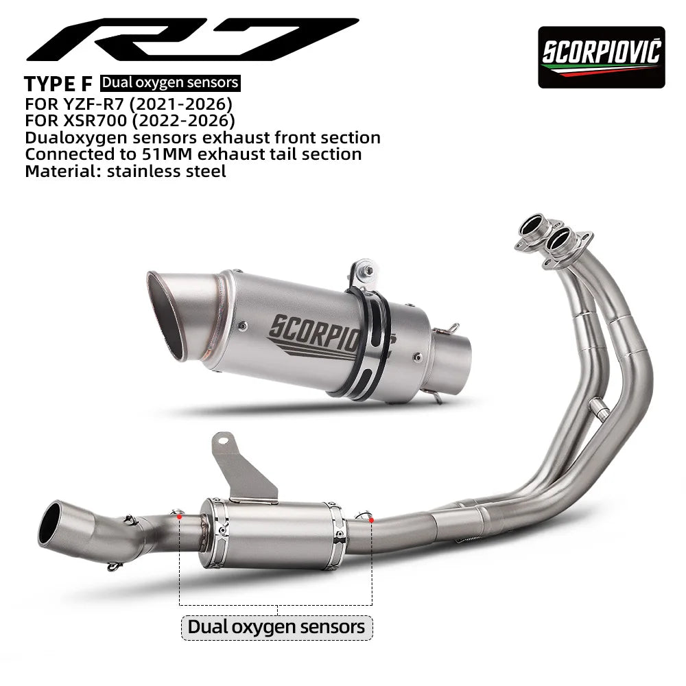 For YZF-R7 XSR700 MT-07 Motorcycle Exhaust Full System Front Pipe With Dual O2 Sensor And Slip-On Tail Muffler Moto Parts