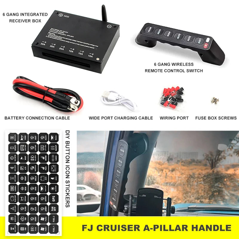 6 Gang A-Pillar Wireless Grab Handle Switch Panel 95A Aluminum for Toyota, HILUX, FJ CRUISER, LAND CRUISER, PRADO, TUNDRA