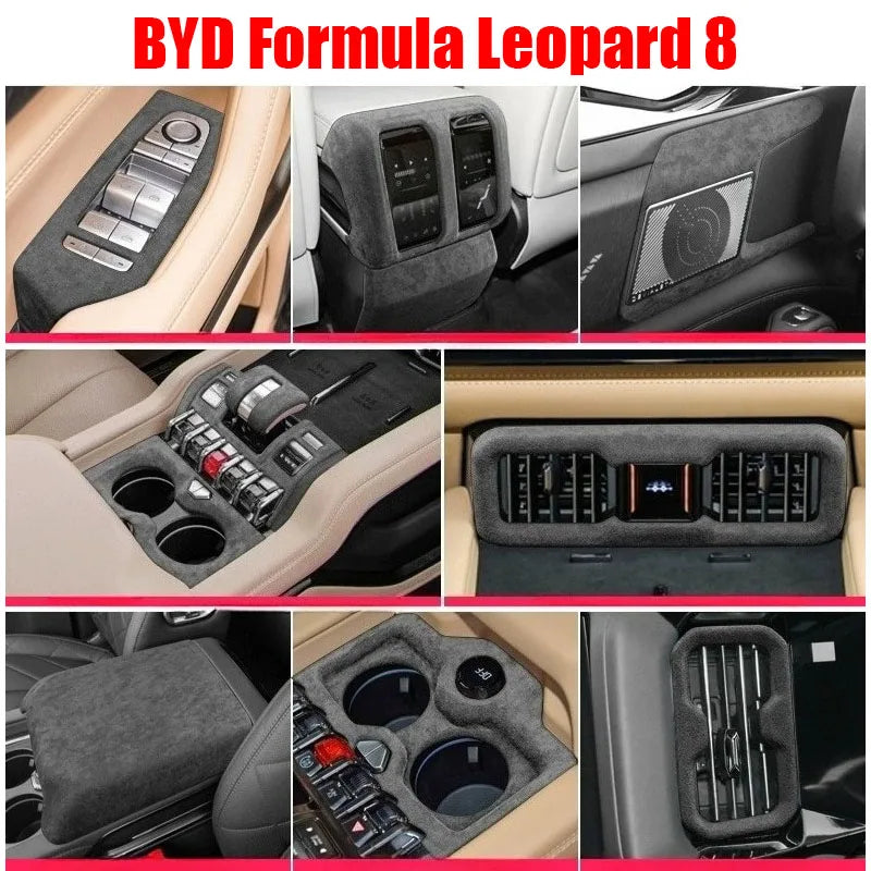 TOP SUEDE Overlays Interior Trims for BYD Formula Leopard 8 Door Panel, Central Control Shift Mat, Left and Right Air Vents