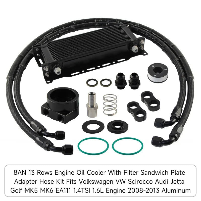 Aluminum 8AN 13 Rows Oil Cooler  Kit Fits Volkswagen VW Scirocco Audi Jetta Golf MK5 MK6 EA111 1.4TSI 1.6L Engine 2008-2013