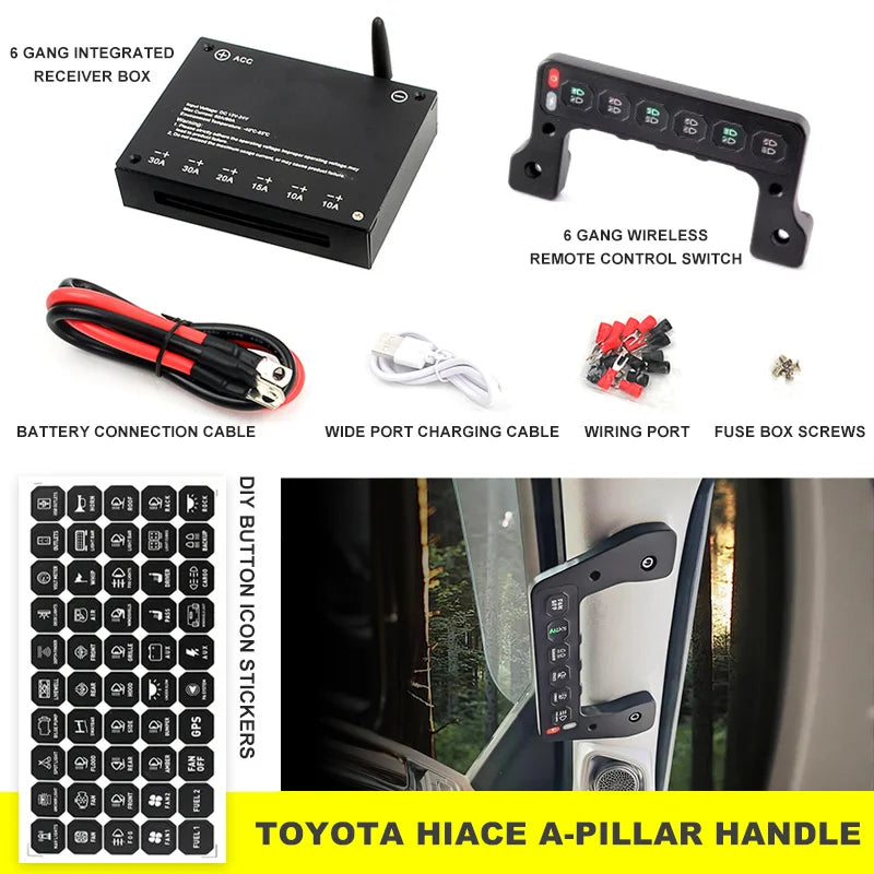 6 Gang A-Pillar Wireless Grab Handle Switch Panel 95A Aluminum for Toyota, HILUX, FJ CRUISER, LAND CRUISER, PRADO, TUNDRA