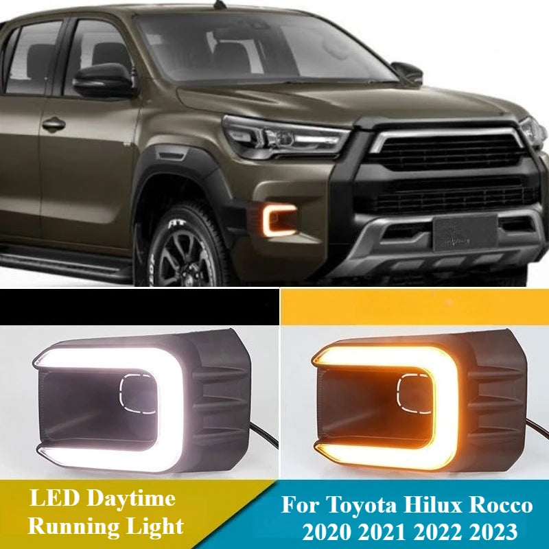 Car LED Daytime Running Light Yellow Dynamic Turn Signal DRL 12V Daylight Fog Lamp Modified For Toyota Hilux 2020 2021 2022 2023