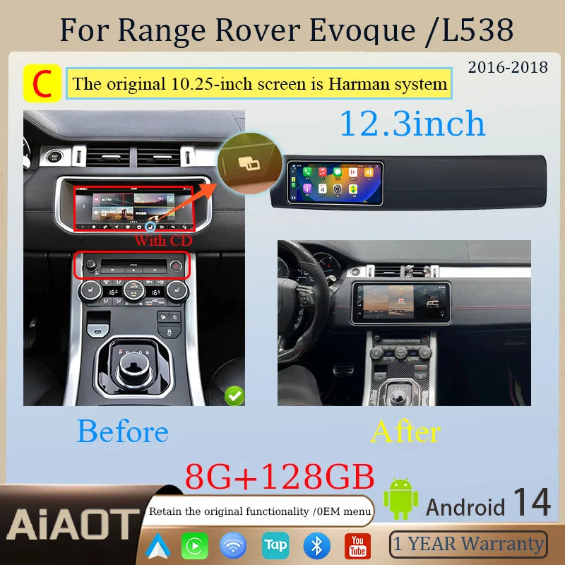 12.3inch Android14  For2012-2018 Range Rover Evoque L538 Multimedia Player Car GPS Radio Wireless Carplay Auto Original OEM Menu