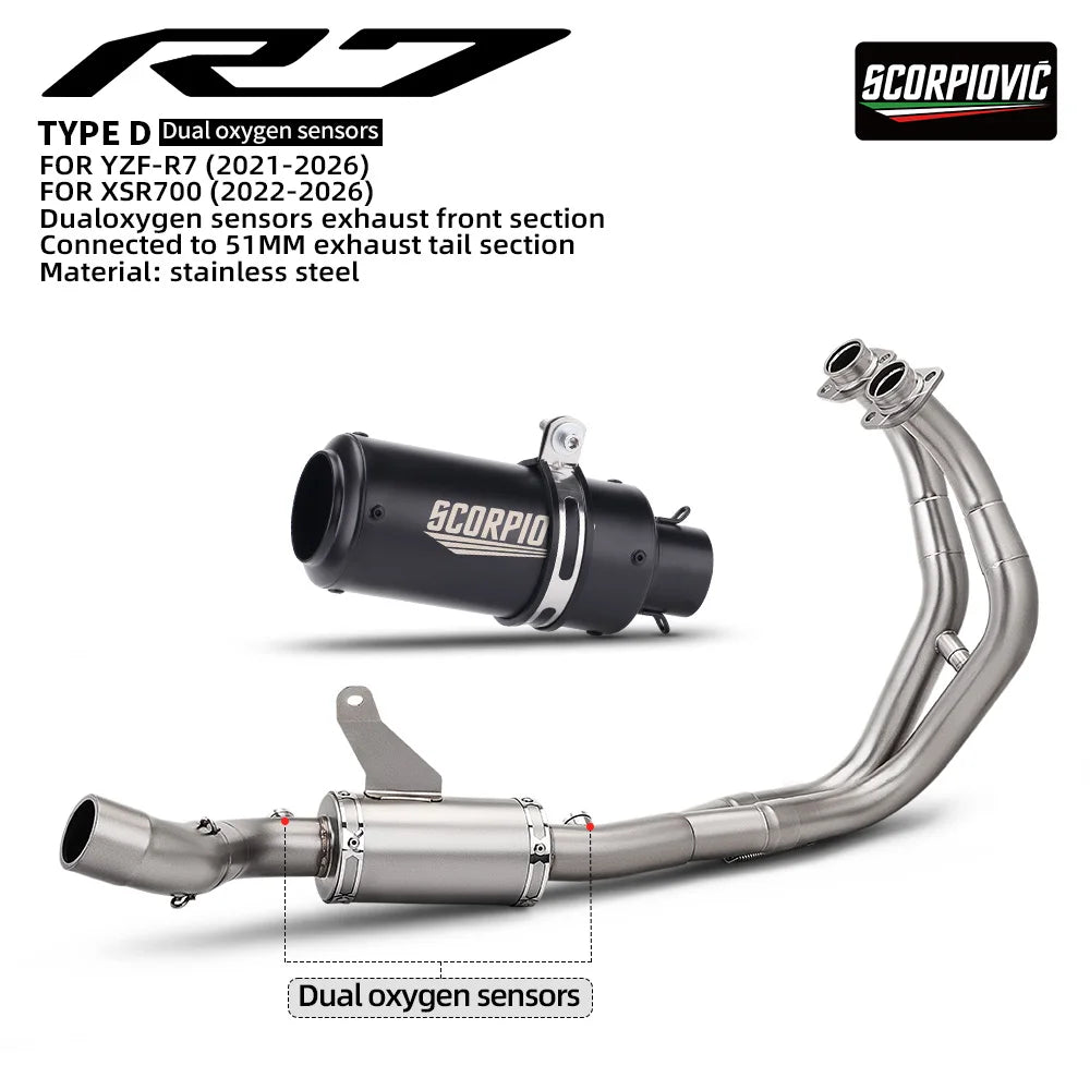 For YZF-R7 XSR700 MT-07 Motorcycle Exhaust Full System Front Pipe With Dual O2 Sensor And Slip-On Tail Muffler Moto Parts