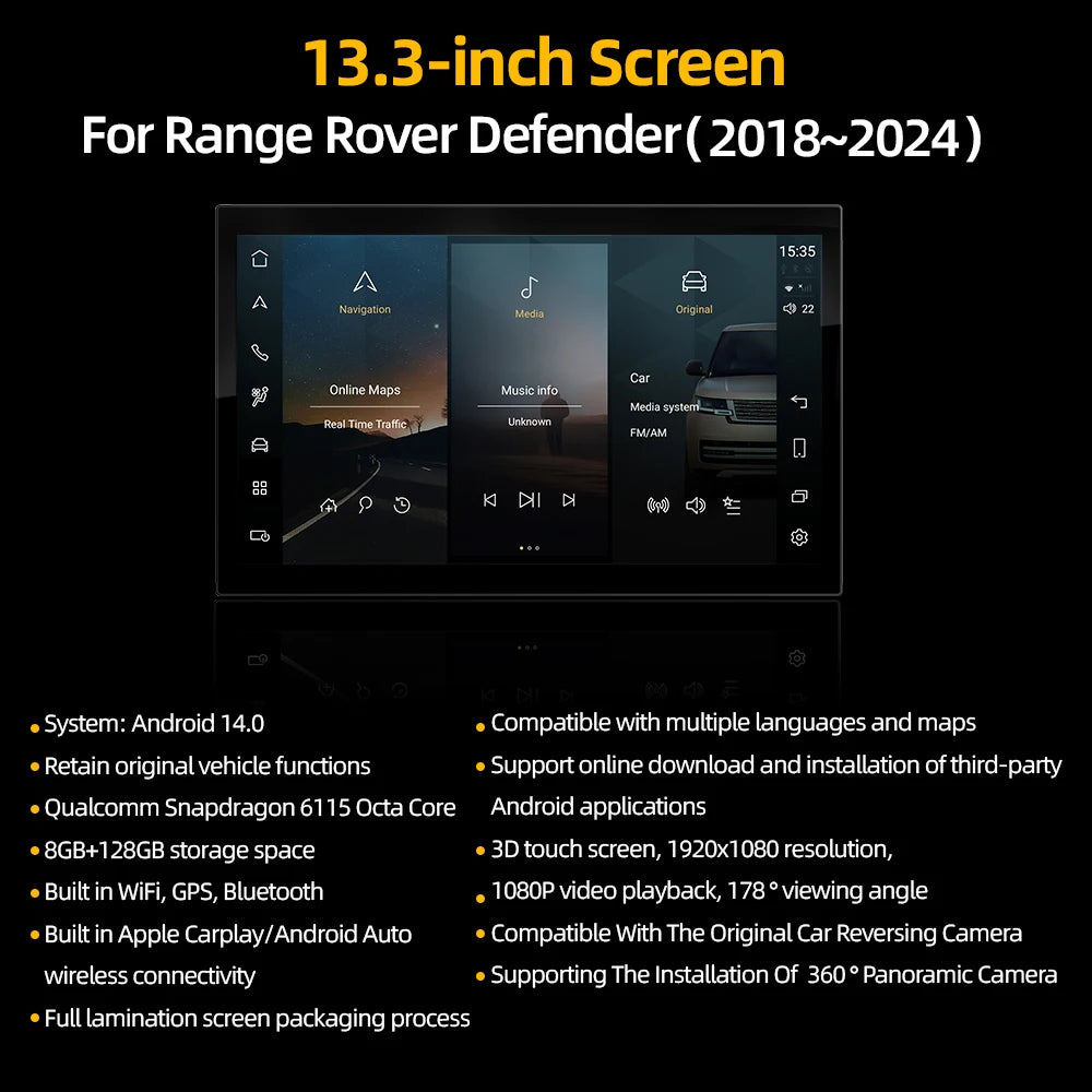 For 2018-2024 Land Rover Defender 13.3" Android Touch Screen Wireless CarPlay Built-in GPS Navigation for 1 Year