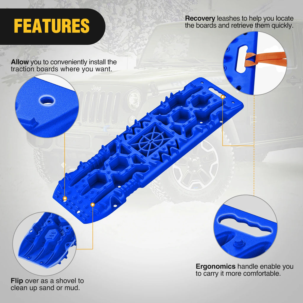 Nilight Recovery Off-road Traction Boards with Jack Lift Base Emergency Tire Ladder Mats For 4WD 4X4 Mud Sand Snow with 2PCS Mounting kit Carry Bag 2 leashes (Blue/black)