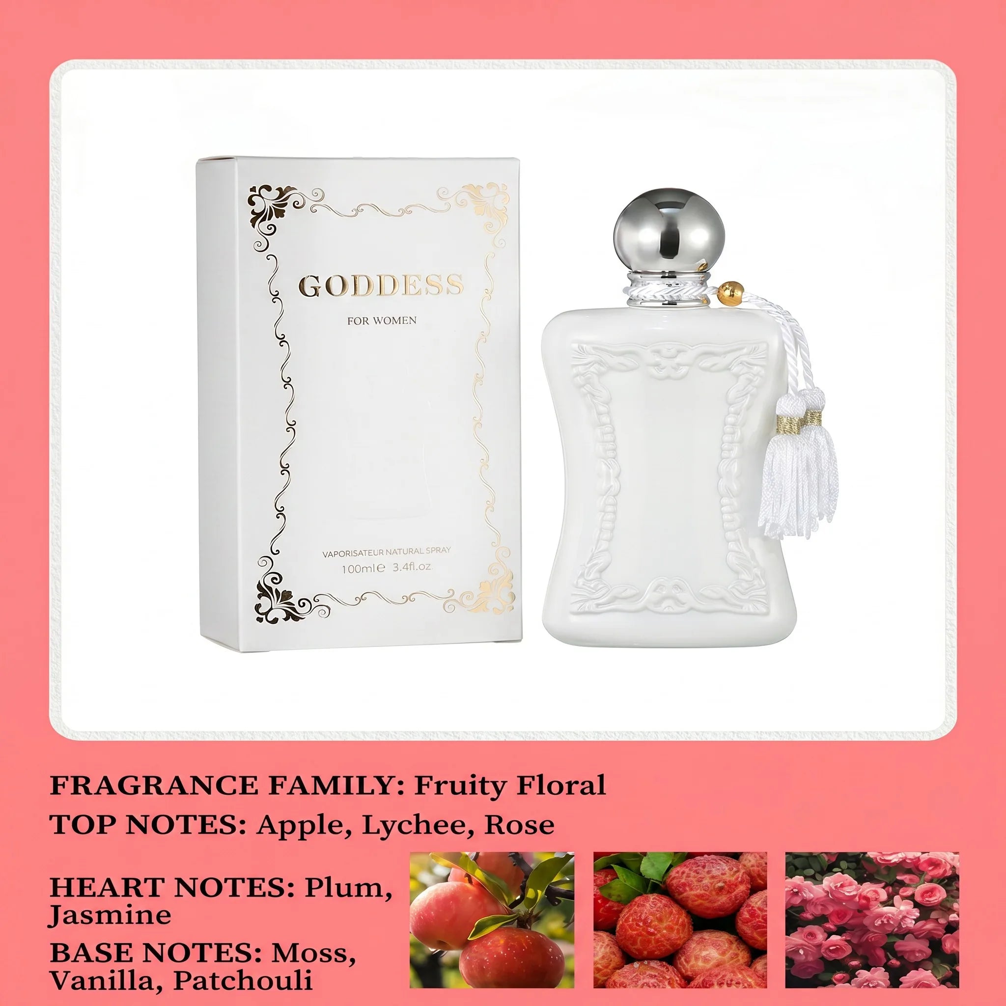 Il profumo ai feromoni "Floral and Fruity Goddess" ha un odore fresco, elegante, duraturo e leggero, adatto per appuntamenti e regali