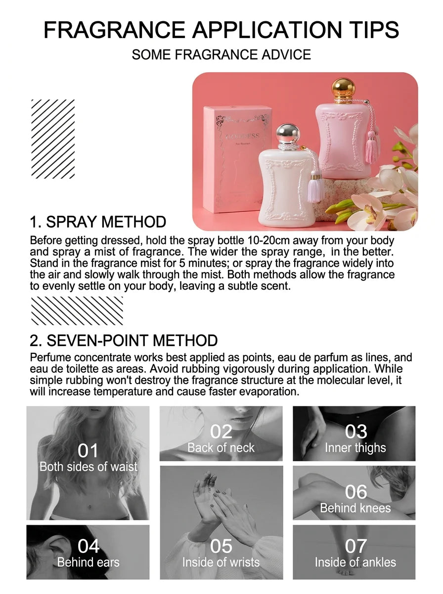 Il profumo ai feromoni "Floral and Fruity Goddess" ha un odore fresco, elegante, duraturo e leggero, adatto per appuntamenti e regali