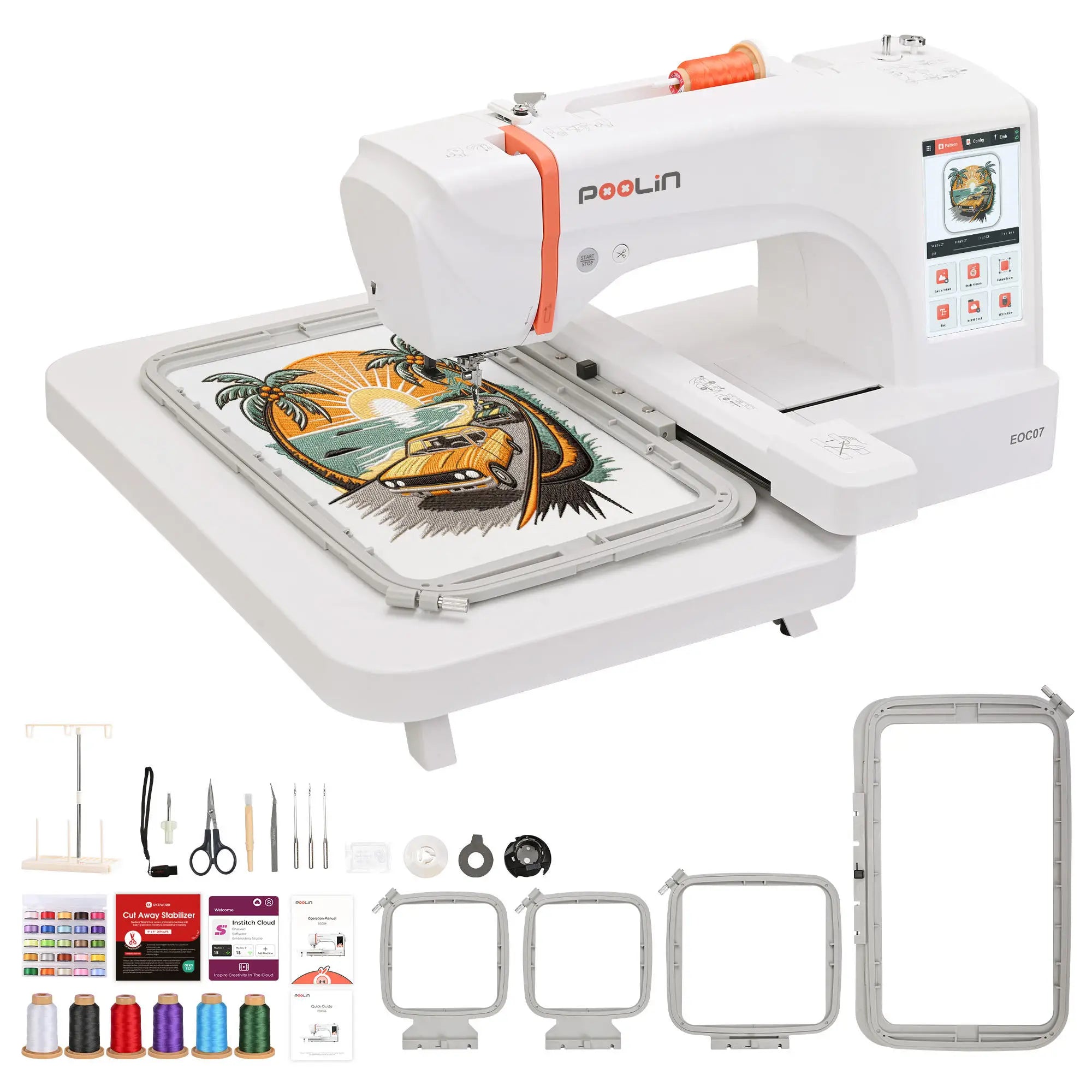PROMO: ACQUISTA 2, RICEVI 1 GRATIS Nuova macchina da ricamo domestica PooLin EOC07 per principianti, area telaio 200*380mm, touchscreen da 7", 200 disegni