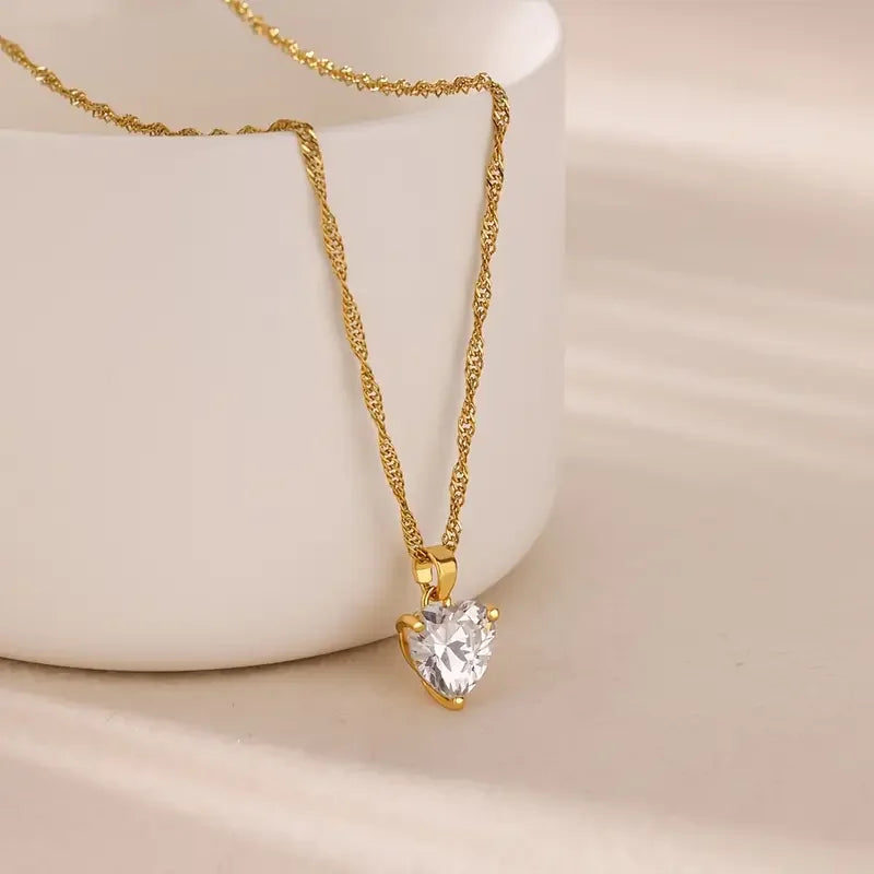 Romantische Trouwhart Cubic Zirconia Ketting Voor Dames Elegante Leuke Goudkleurige Roestvrijstalen Kettingen Sieraden Verjaardagscadeau