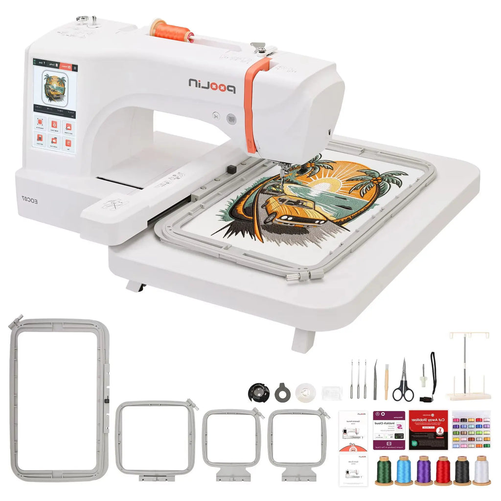 PROMO: ACQUISTA 2, RICEVI 1 GRATIS Nuova macchina da ricamo domestica PooLin EOC07 per principianti, area telaio 200*380mm, touchscreen da 7", 200 disegni