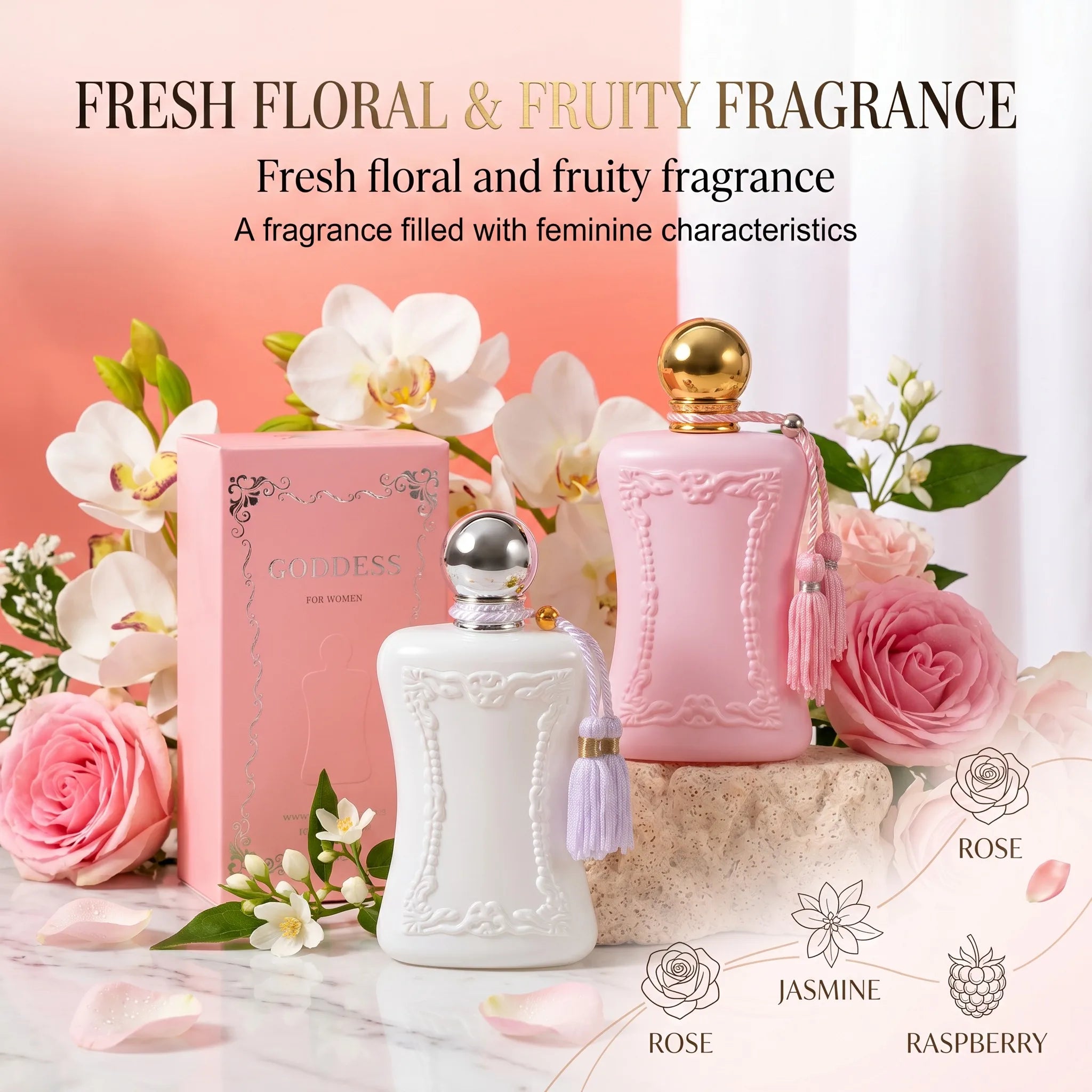 Il profumo ai feromoni "Floral and Fruity Goddess" ha un odore fresco, elegante, duraturo e leggero, adatto per appuntamenti e regali
