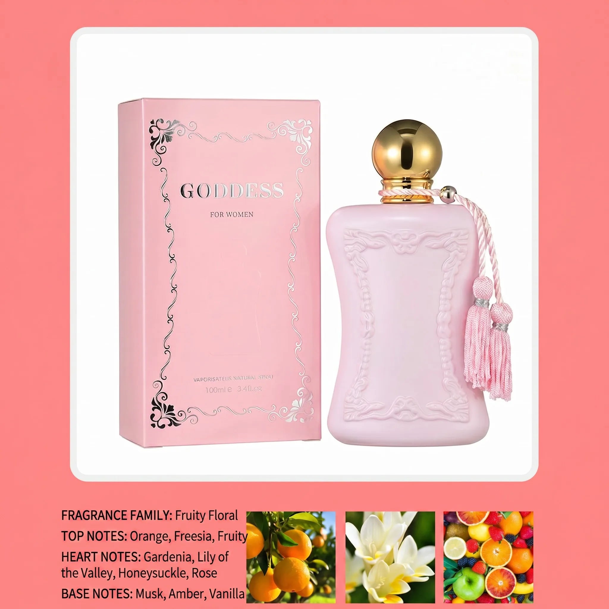 Il profumo ai feromoni "Floral and Fruity Goddess" ha un odore fresco, elegante, duraturo e leggero, adatto per appuntamenti e regali