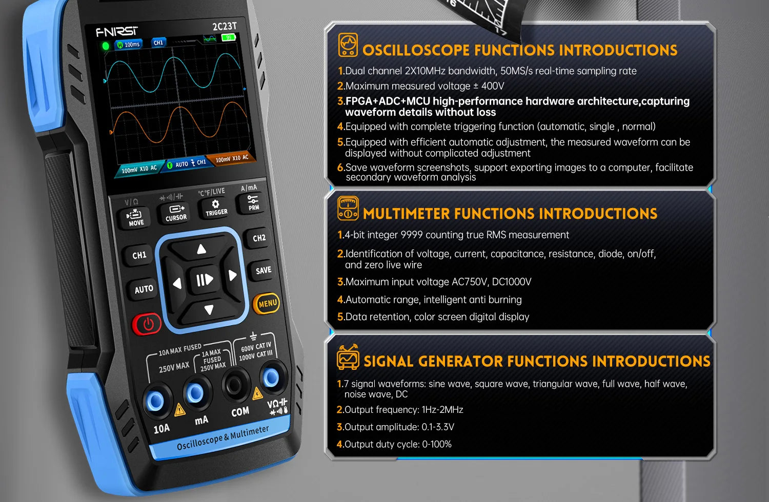 FNIRSI 2C23T 2C53T Upgrade 50MHz Handheld Digitaal Oscilloscoop Multimeter Signaalgenerator 3 in 1 Dual-channel Autogereedschap