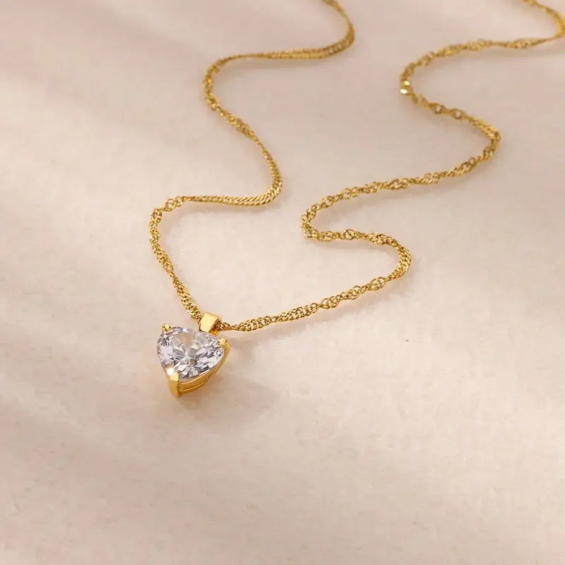 Collana con cuore romantico da sposa con zirconi cubici per donna, elegante, graziosa, color oro, in acciaio inossidabile, gioielli, regalo di compleanno