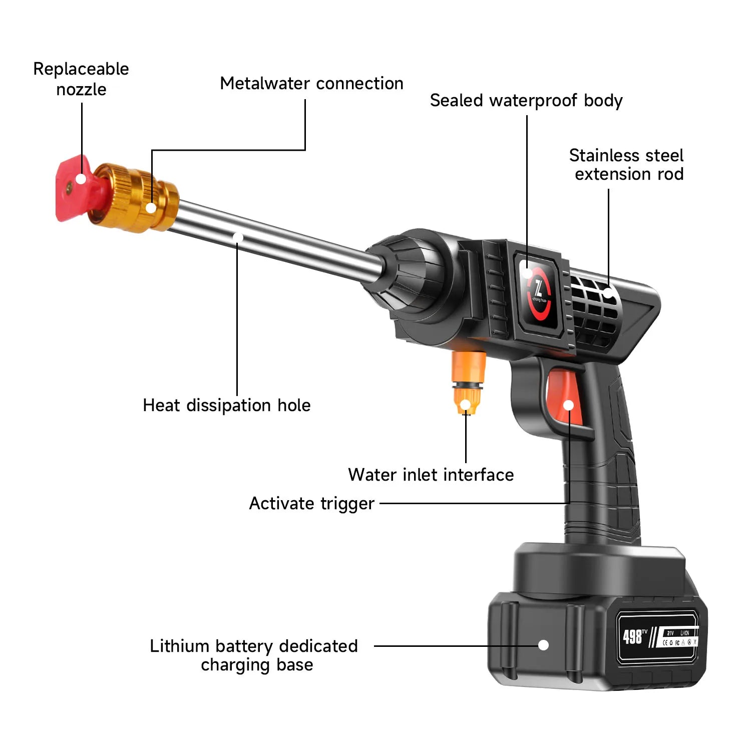 Idropulitrice Portatile 200W, Pressione 50 BAR (70 BAR di picco) Con Batteria al Litio 21V, Tubo da 5m Incluso, Gittata 7-10m, per Pulizia Auto/Casa/Animali Domestici
