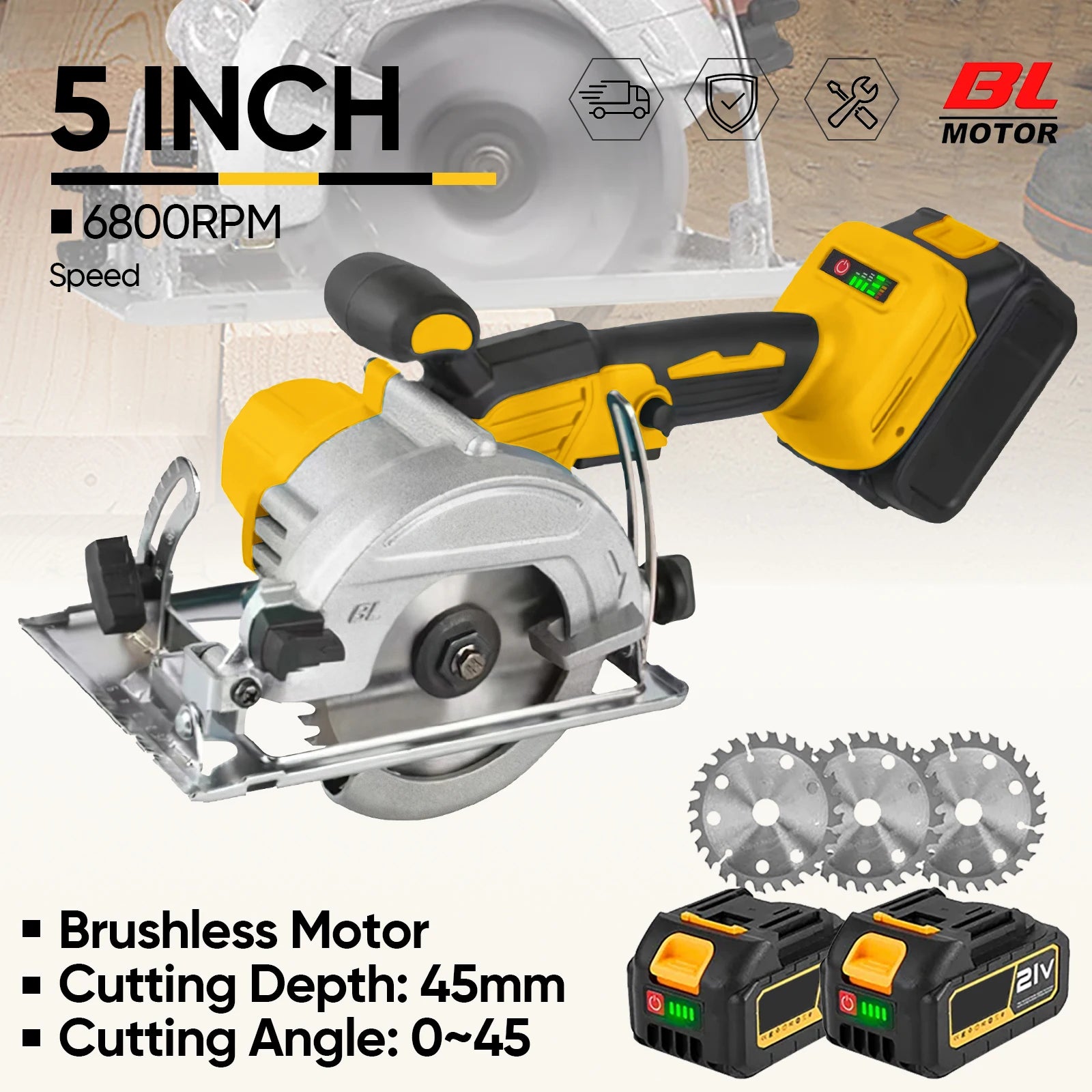 Sega circolare elettrica brushless da 5 pollici (125mm) senza fili, multi-angolo, set di utensili elettrici per la lavorazione del legno per tagliare legno e pannelli in PVC