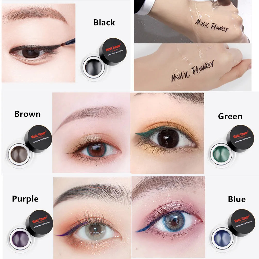 Music Flower 2-in-1 Bruine + Zwarte Eyeliner Gel Make-up Waterdichte Oogliner Kit Oogmake-up Tool Met Kwast 24 Uur Langhoudend