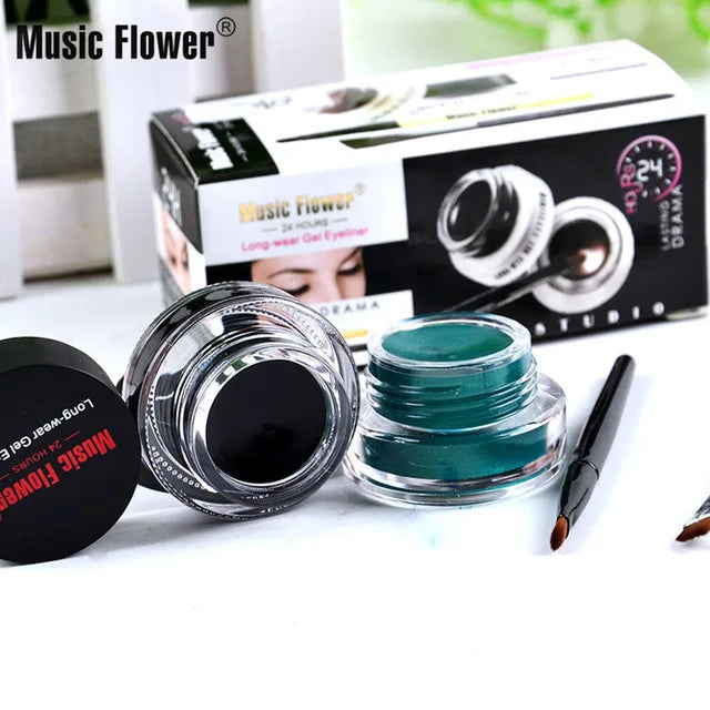 Music Flower 2-in-1 Bruine + Zwarte Eyeliner Gel Make-up Waterdichte Oogliner Kit Oogmake-up Tool Met Kwast 24 Uur Langhoudend