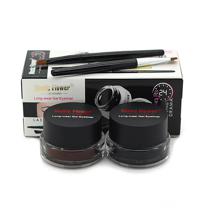Music Flower 2-in-1 Bruine + Zwarte Eyeliner Gel Make-up Waterdichte Oogliner Kit Oogmake-up Tool Met Kwast 24 Uur Langhoudend