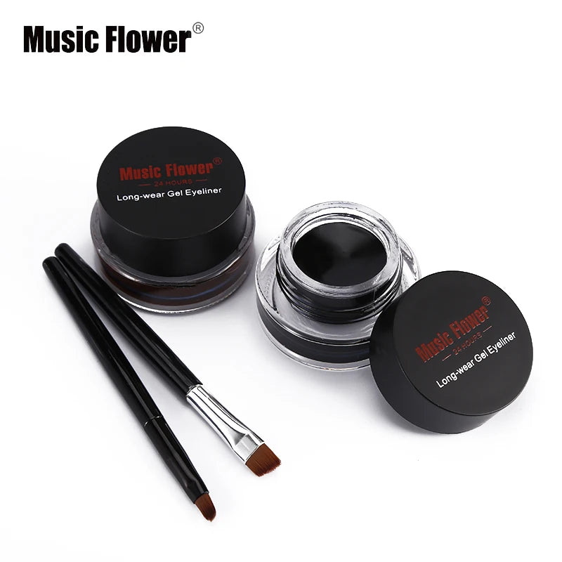 Music Flower 2-in-1 Bruine + Zwarte Eyeliner Gel Make-up Waterdichte Oogliner Kit Oogmake-up Tool Met Kwast 24 Uur Langhoudend