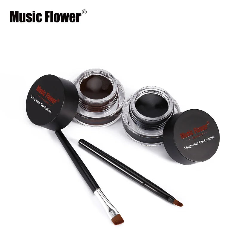 Music Flower 2-in-1 Bruine + Zwarte Eyeliner Gel Make-up Waterdichte Oogliner Kit Oogmake-up Tool Met Kwast 24 Uur Langhoudend