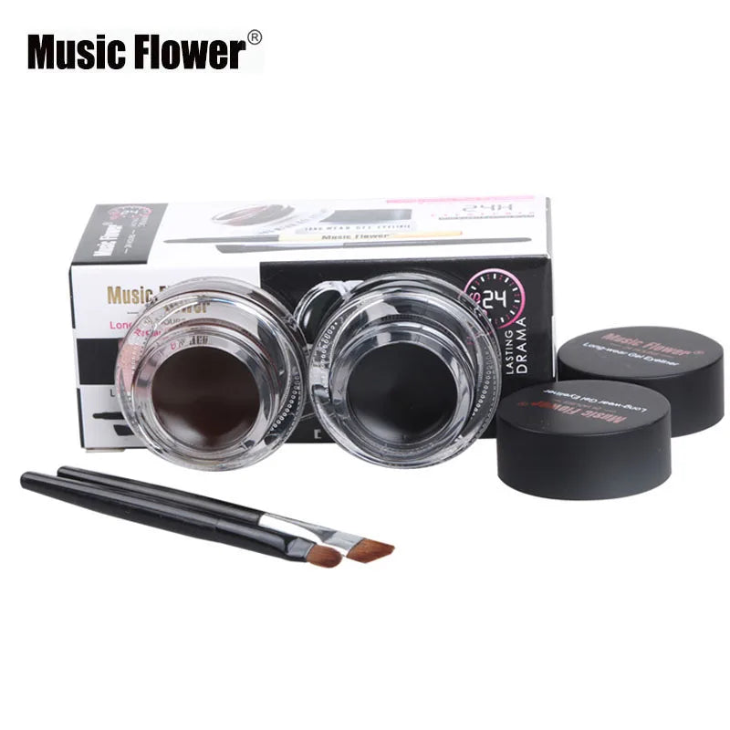 Music Flower 2-in-1 Bruine + Zwarte Eyeliner Gel Make-up Waterdichte Oogliner Kit Oogmake-up Tool Met Kwast 24 Uur Langhoudend