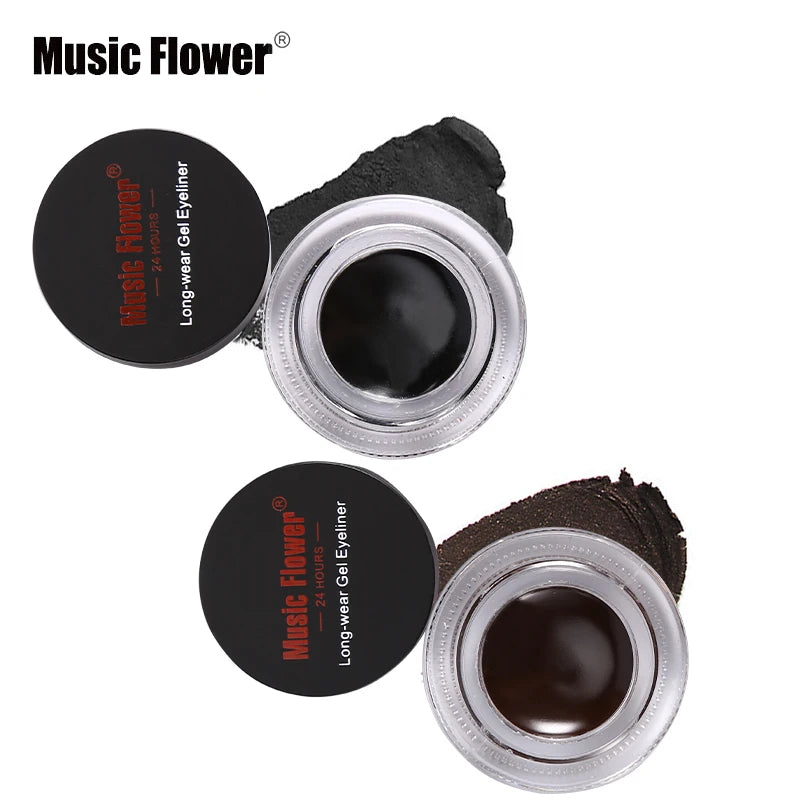Music Flower 2-in-1 Bruine + Zwarte Eyeliner Gel Make-up Waterdichte Oogliner Kit Oogmake-up Tool Met Kwast 24 Uur Langhoudend