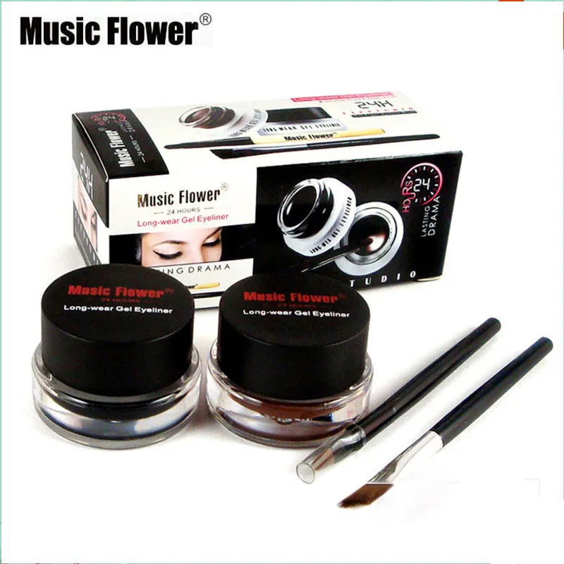 Music Flower 2-in-1 Bruine + Zwarte Eyeliner Gel Make-up Waterdichte Oogliner Kit Oogmake-up Tool Met Kwast 24 Uur Langhoudend