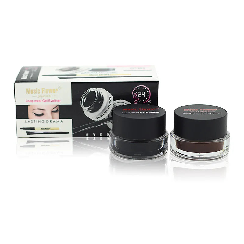 Music Flower 2-in-1 Bruine + Zwarte Eyeliner Gel Make-up Waterdichte Oogliner Kit Oogmake-up Tool Met Kwast 24 Uur Langhoudend