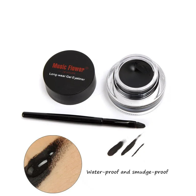 Music Flower 2-in-1 Bruine + Zwarte Eyeliner Gel Make-up Waterdichte Oogliner Kit Oogmake-up Tool Met Kwast 24 Uur Langhoudend