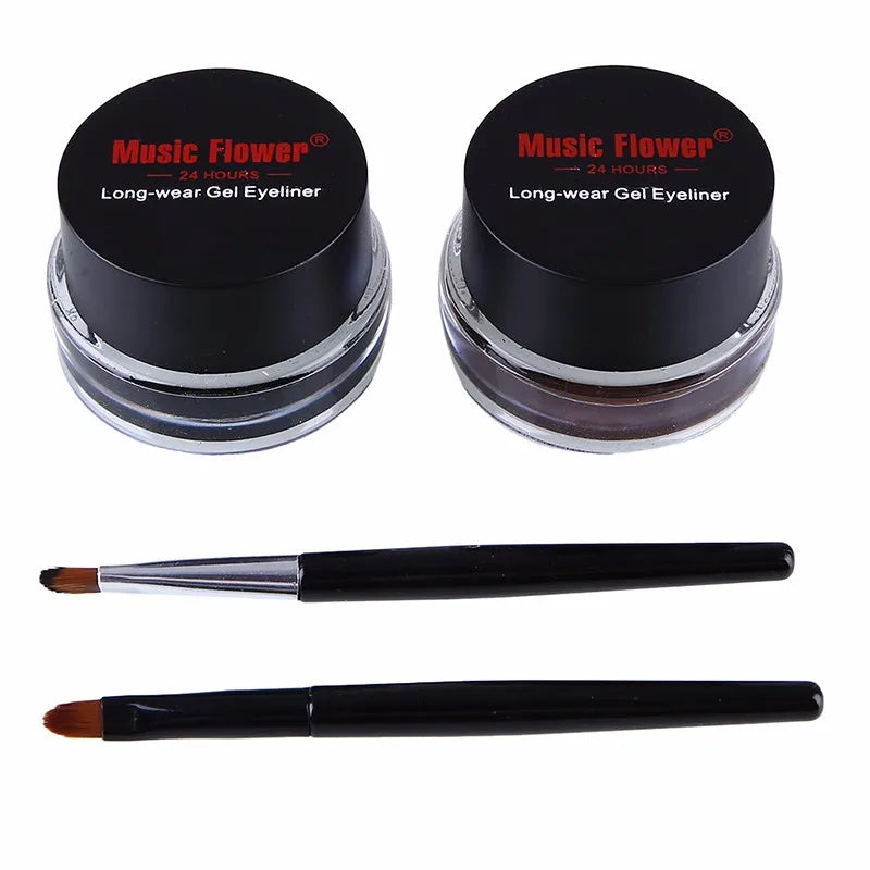 Music Flower 2-in-1 Bruine + Zwarte Eyeliner Gel Make-up Waterdichte Oogliner Kit Oogmake-up Tool Met Kwast 24 Uur Langhoudend