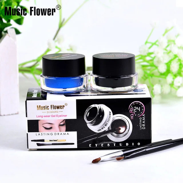 Music Flower 2-in-1 Bruine + Zwarte Eyeliner Gel Make-up Waterdichte Oogliner Kit Oogmake-up Tool Met Kwast 24 Uur Langhoudend