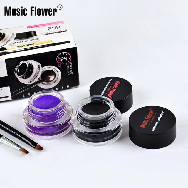 Music Flower 2-in-1 Bruine + Zwarte Eyeliner Gel Make-up Waterdichte Oogliner Kit Oogmake-up Tool Met Kwast 24 Uur Langhoudend