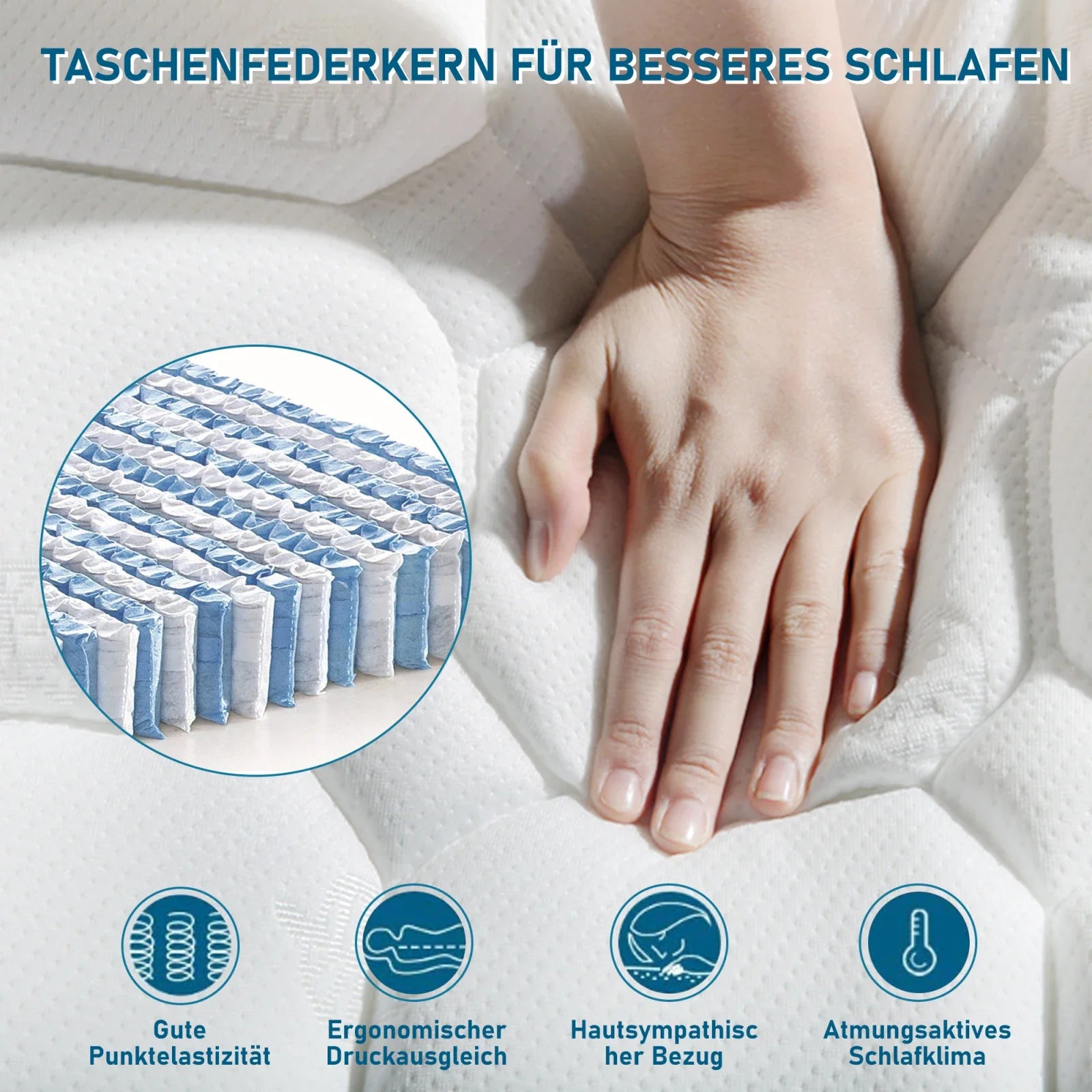 Comanlai Pocket Spring Mattress 90 x 200 cm 7 Zone Mattresses Height 25 cm Ergonomic Spring Mattress Hardness H3 Mattress White