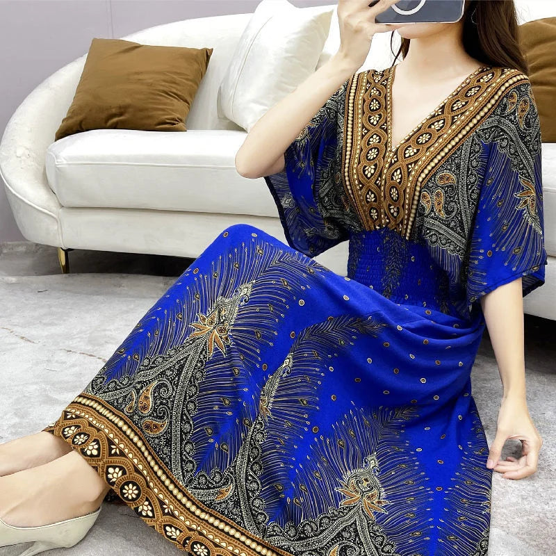 Long Women's Dress Boho Ethnic Bohemian Beach Cotton Blend Artificial Floral Short Sleeve V-neck Vintage Vacation Vestidos Robe