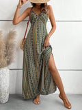 Dames Zomer Jurk met Etnisch Patroon, Open Rug en Split - Dames Zomerkleding Boho Mode Ruches Lange Jurk voor Strand