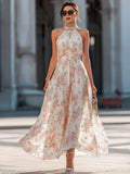 Dames Halternek Bloemenprint Maxi Jurk Hoge Taille Flowy A-lijn Lange Jurk Voor Zomer Strandfeest Bruiloftsgast